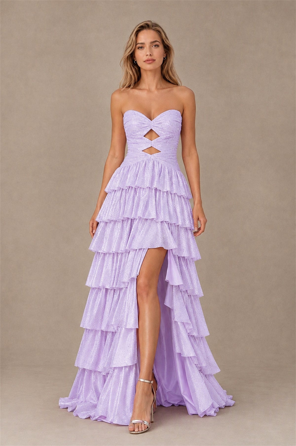 BOLODOO Lilac Strapless Cutout Tiered Ruffle Prom Dress with High Slit - Lilac - Lilac (1)