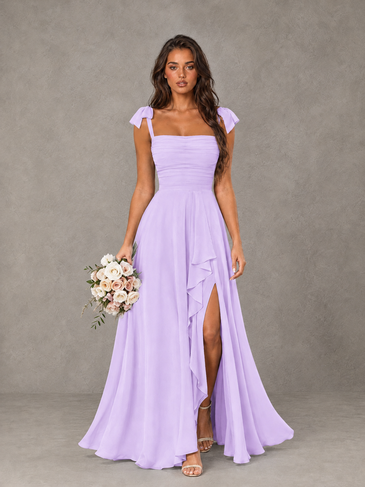 BOLODOO Lilac Bow-Strap Bridesmaid Dress with Ruffle Slit - Lilac - Lilac (1)