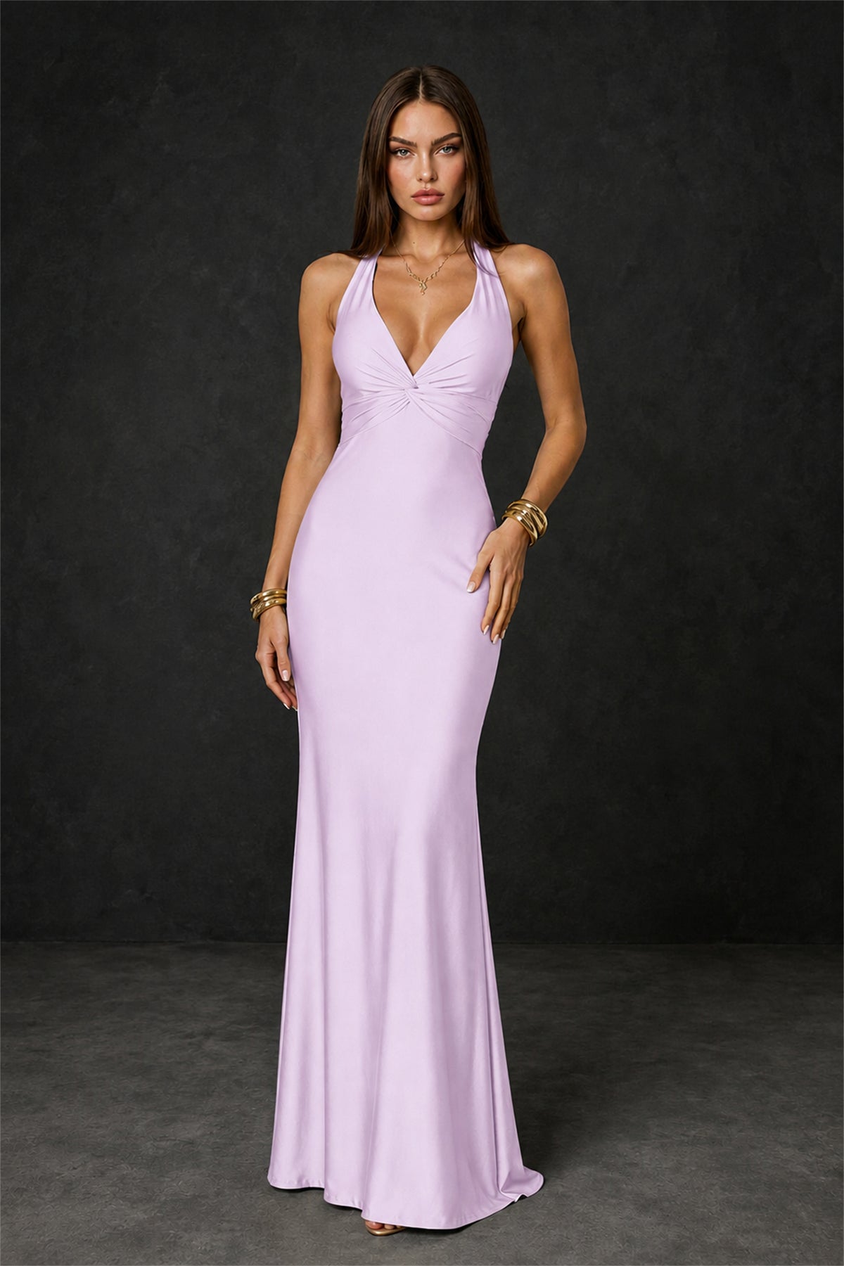 BOLODOO Lilac Deep V Neck Twisted Knot Multi-Strap Halter Open Back Satin Mermaid Maxi Dress - Lilac