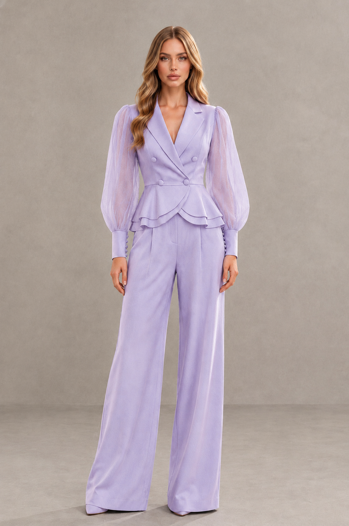 BOLODOO Mint Lilac Peplum Blazer Wide-Leg Pantsuit with Sheer Puff Sleeves - Lilac