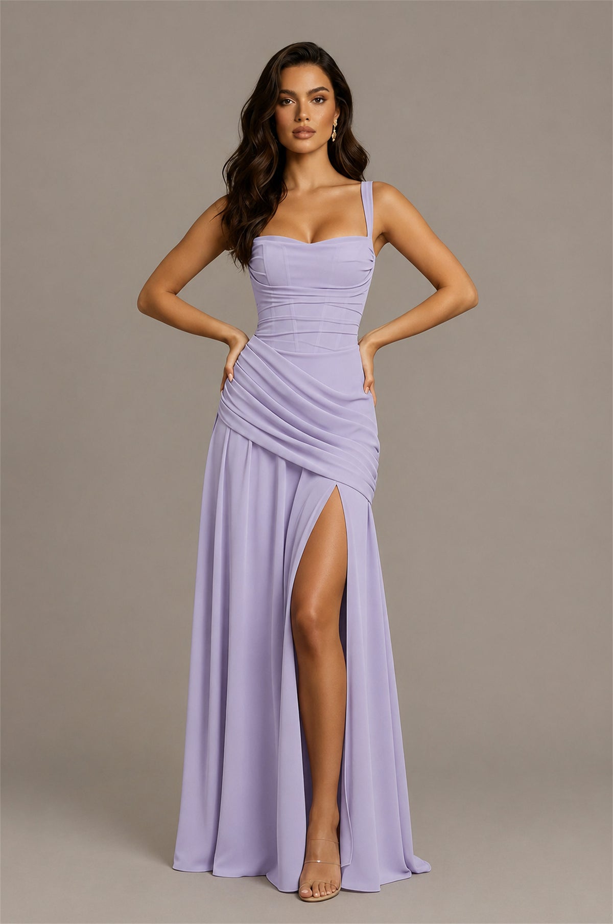 BOLODOO Lilac Spaghetti Strap Ruched Maxi Dress – Formal Evening Gown with Slit - Lilac