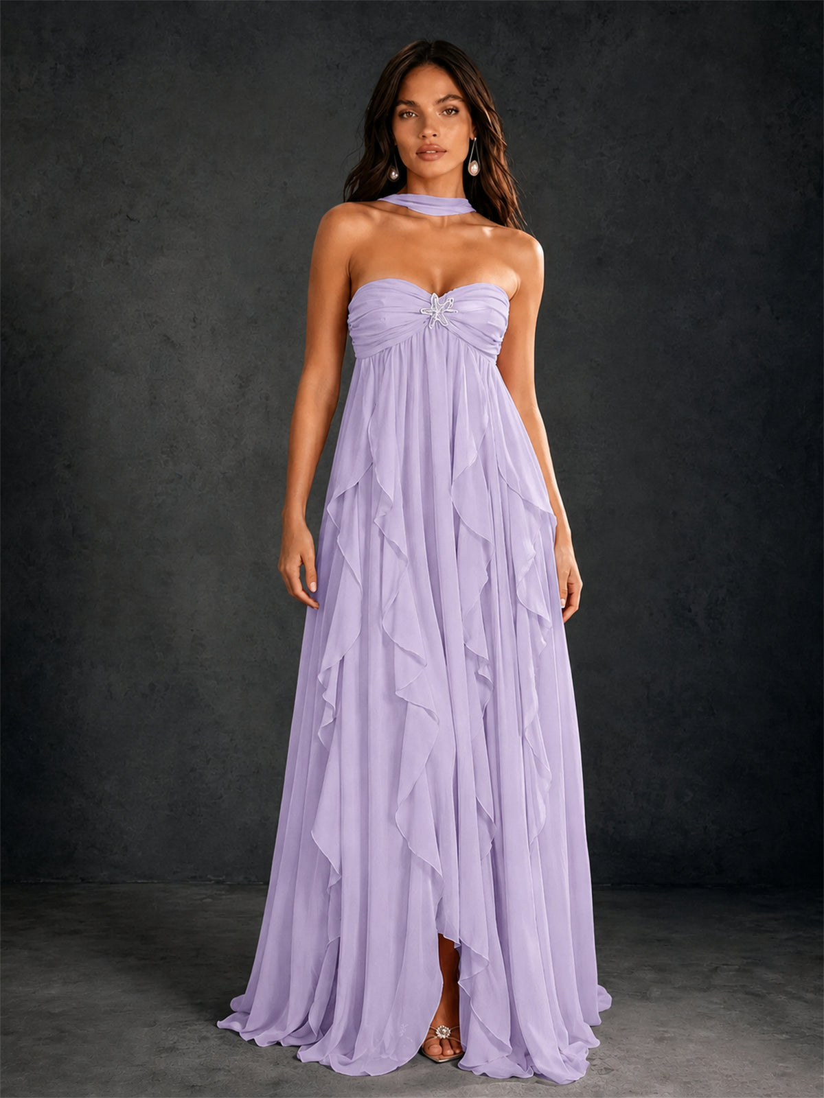 BOLODOO Lilac Halter Neck Cascading Ruffle Chiffon Maxi Dress | Keyhole Open Back - Lilac