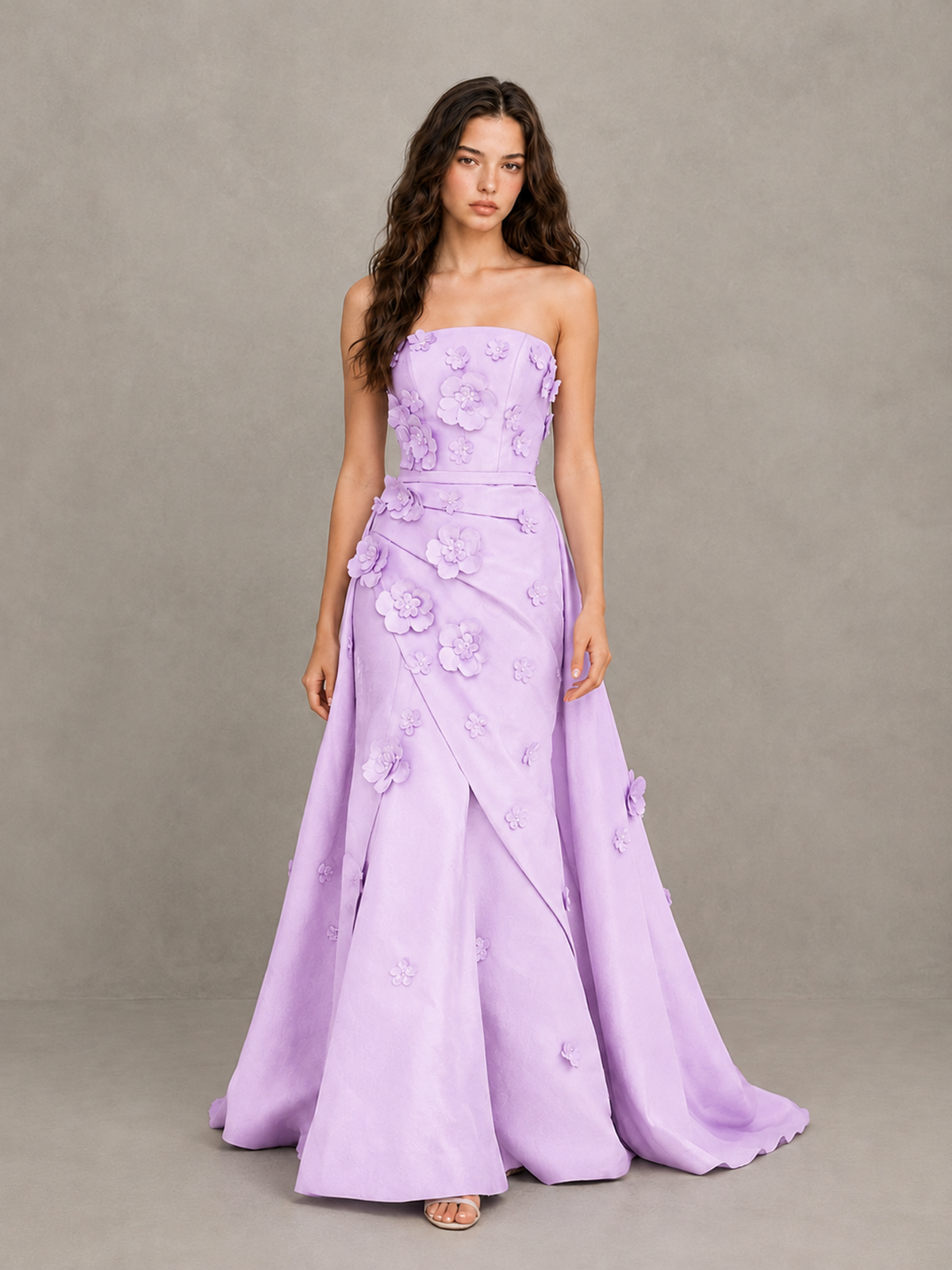 BOLODOO Lilac Strapless 3D Floral Applique Prom Gown with Draped Skirt - Lilac - Lilac (1)