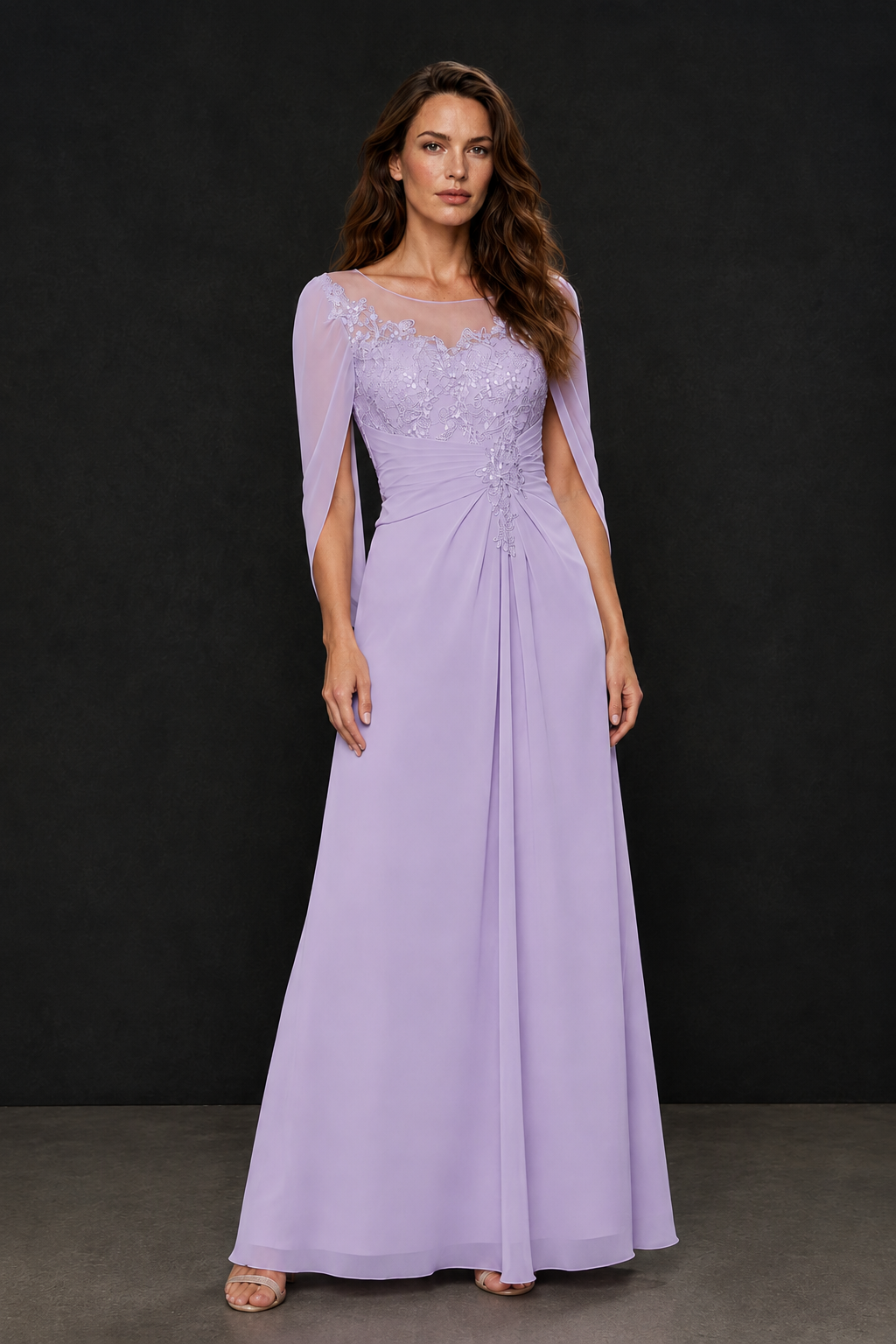 BOLODOO Lilac Illusion Lace One-Side Cape Sleeve Beaded Chiffon Floor Length Gown | Mother of the Bride Evening Dress - Lilac
