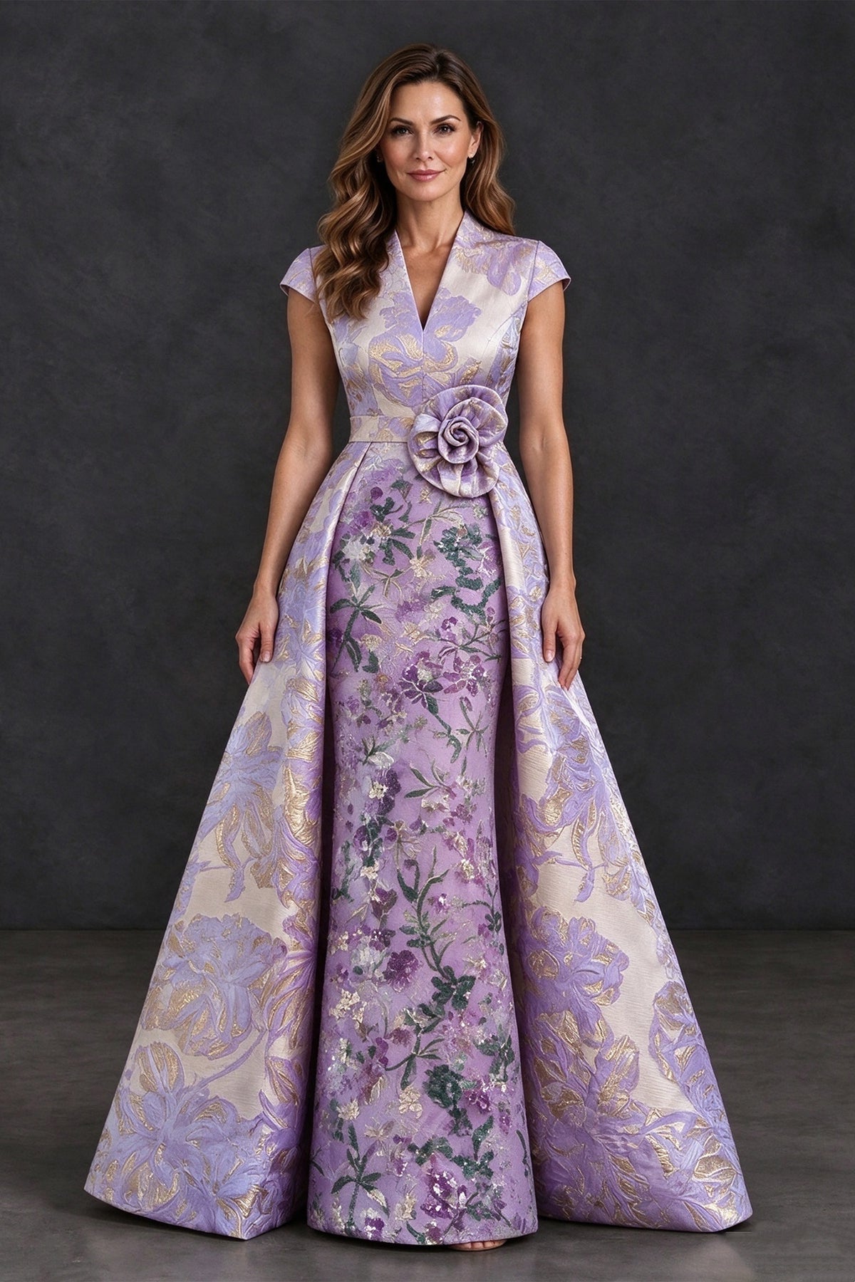 BOLODOO Lilac Floral Jacquard V-Neck Mother of the Bride Dress - Lilac - Lilac (1)