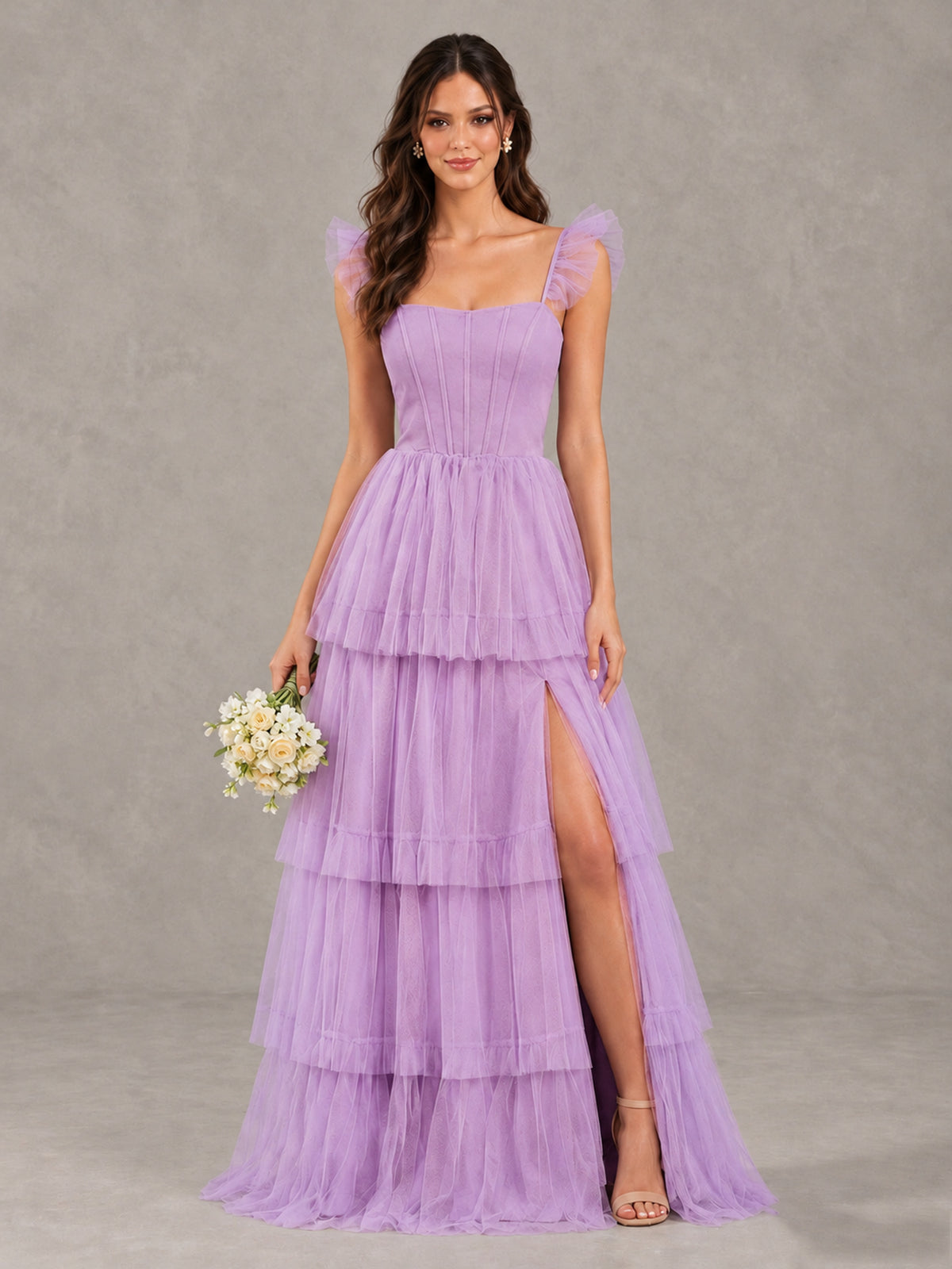 BOLODOO Lilac Tiered Tulle Bridesmaid Dress with Slit - Lilac - Lilac (1)