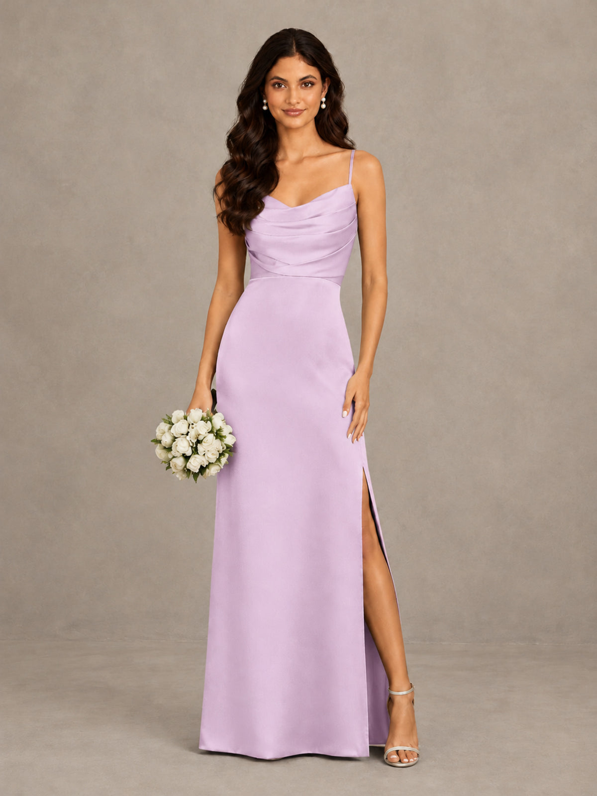 BOLODOO Lilac Cowl Neck Satin Bridesmaid Dress with Slit - Lilac - Lilac (1)