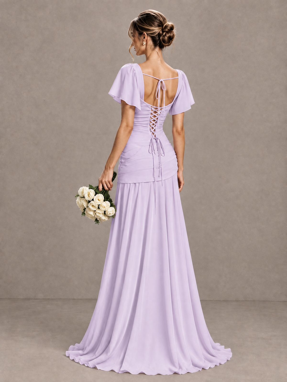 BOLODOO Lilac Flutter Sleeve Lace-Up Back Maxi Dress - Lilac
