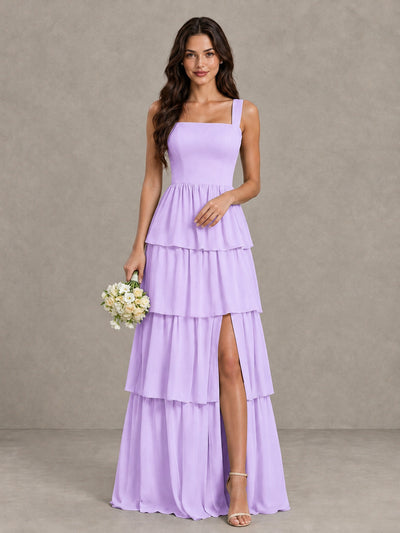 BOLODOO Lilac Square Neck Tiered Bridesmaid Dress with Slit - Lilac - Lilac (1)
