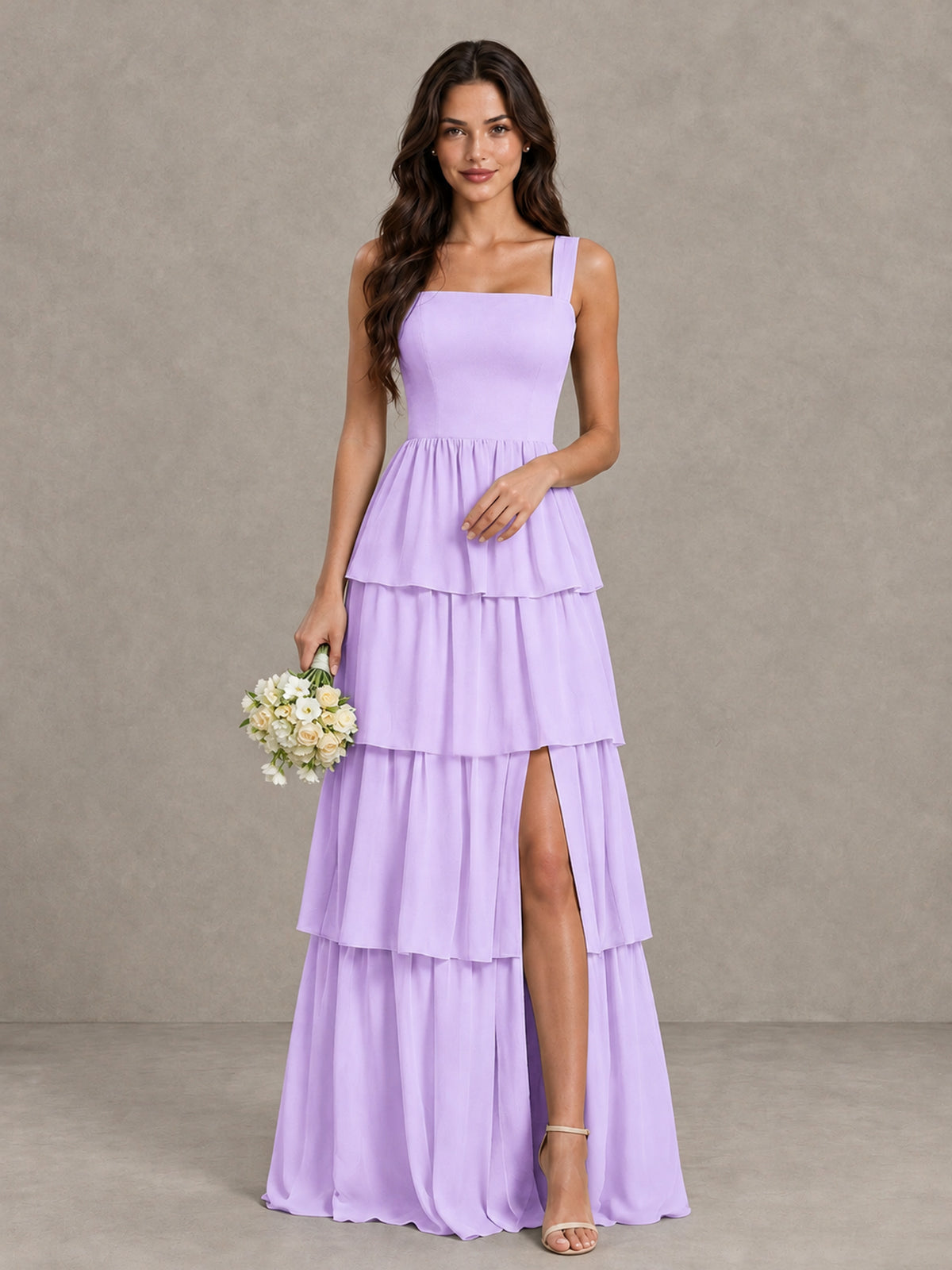BOLODOO Lilac Square Neck Tiered Bridesmaid Dress with Slit - Lilac - Lilac (1)