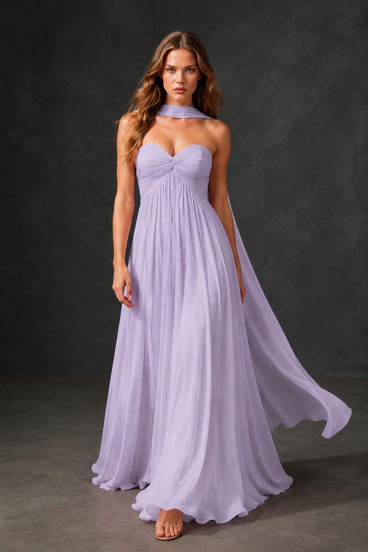 BOLODOO Lilac Sweetheart Strapless Twist Knot Detached Halter Scarf Lace-Up Back Empire Waist Chiffon Maxi Dress - Lilac