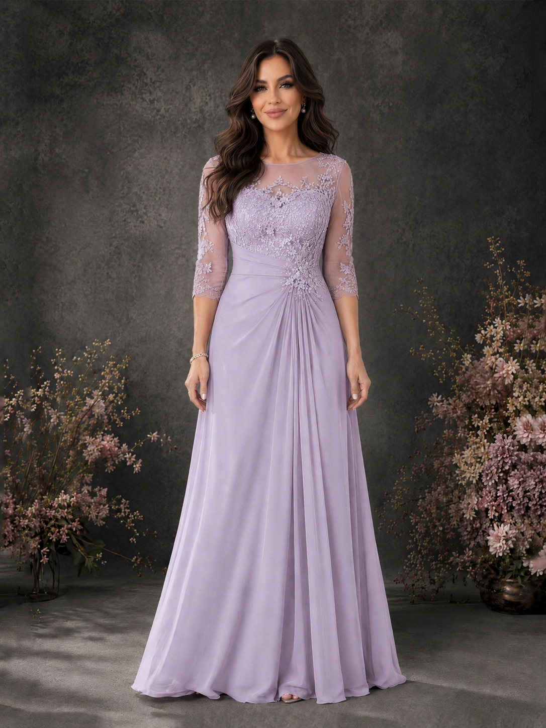 BOLODOO Lilac Chiffon Lace Illusion Neckline 3/4 Sleeve Floor Length Formal Gown - Lilac