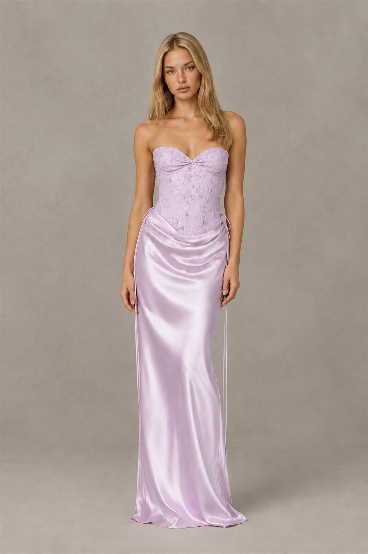 BOLODOO Lilac Strapless Embellished Corset Satin-Look Maxi Dress - Lilac
