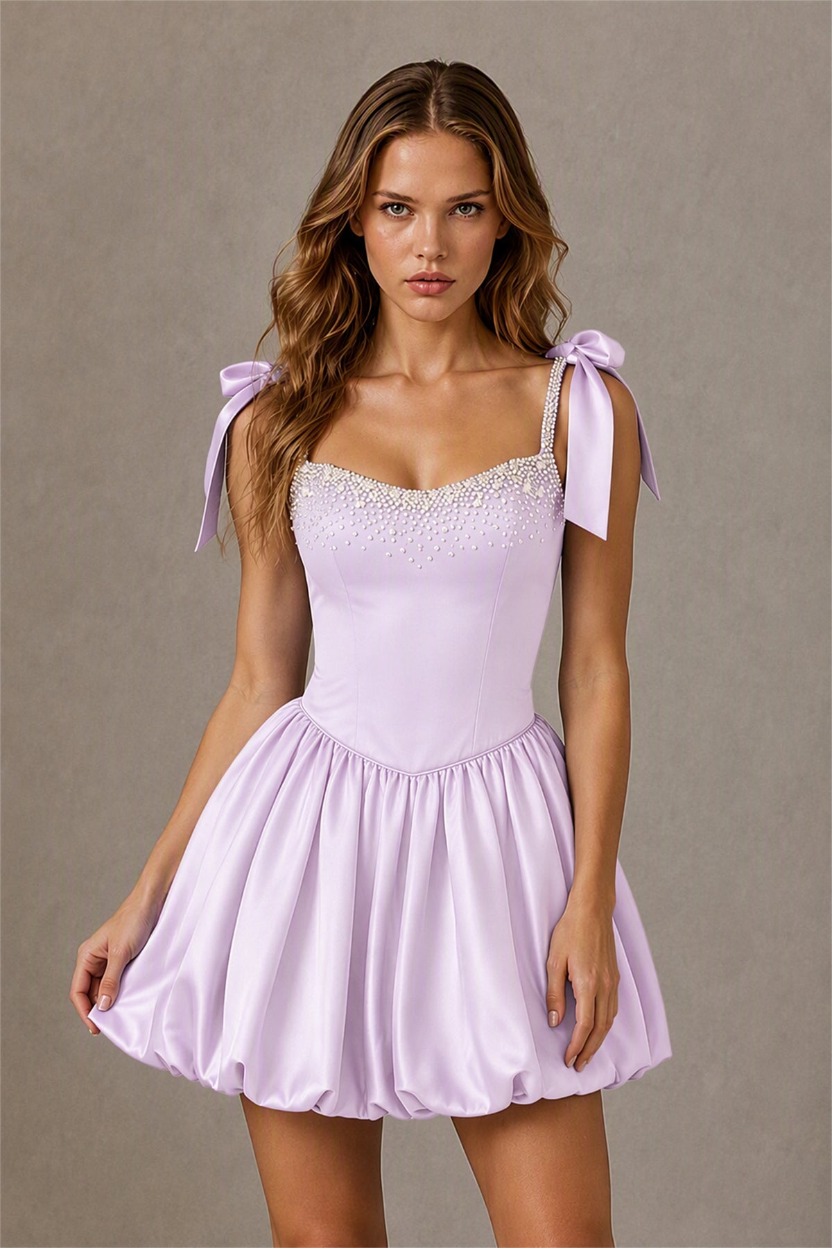 BOLODOO Lilac Satin Pearl Embellished Sweetheart Bow Strap Bubble Hem Mini Dress | Cocktail Prom Homecoming Dress - Lilac