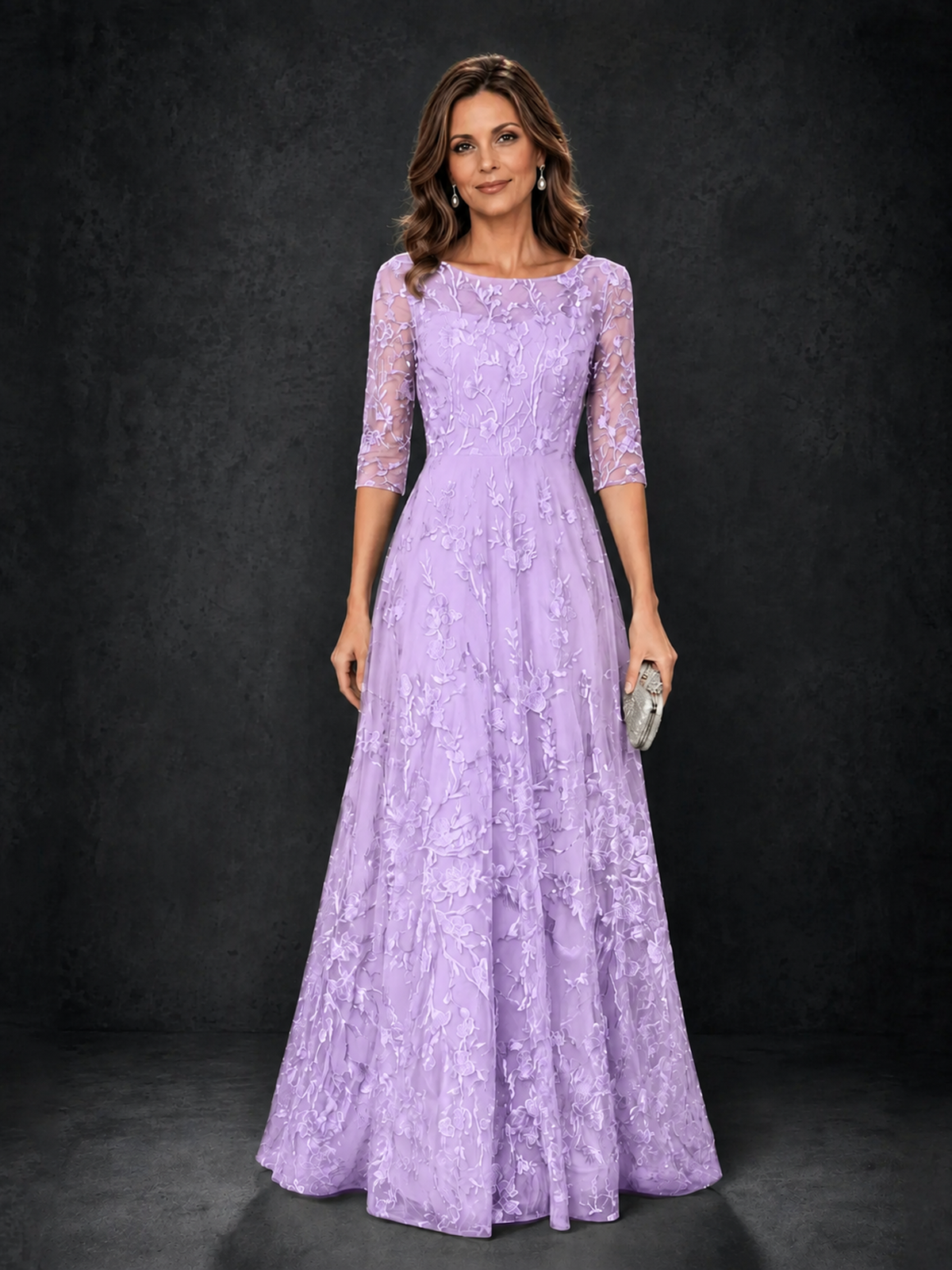 BOLODOO Steel Lilac Floral Lace A-Line Mother of the Bride Dress with 3/4 Sleeves - Lilac