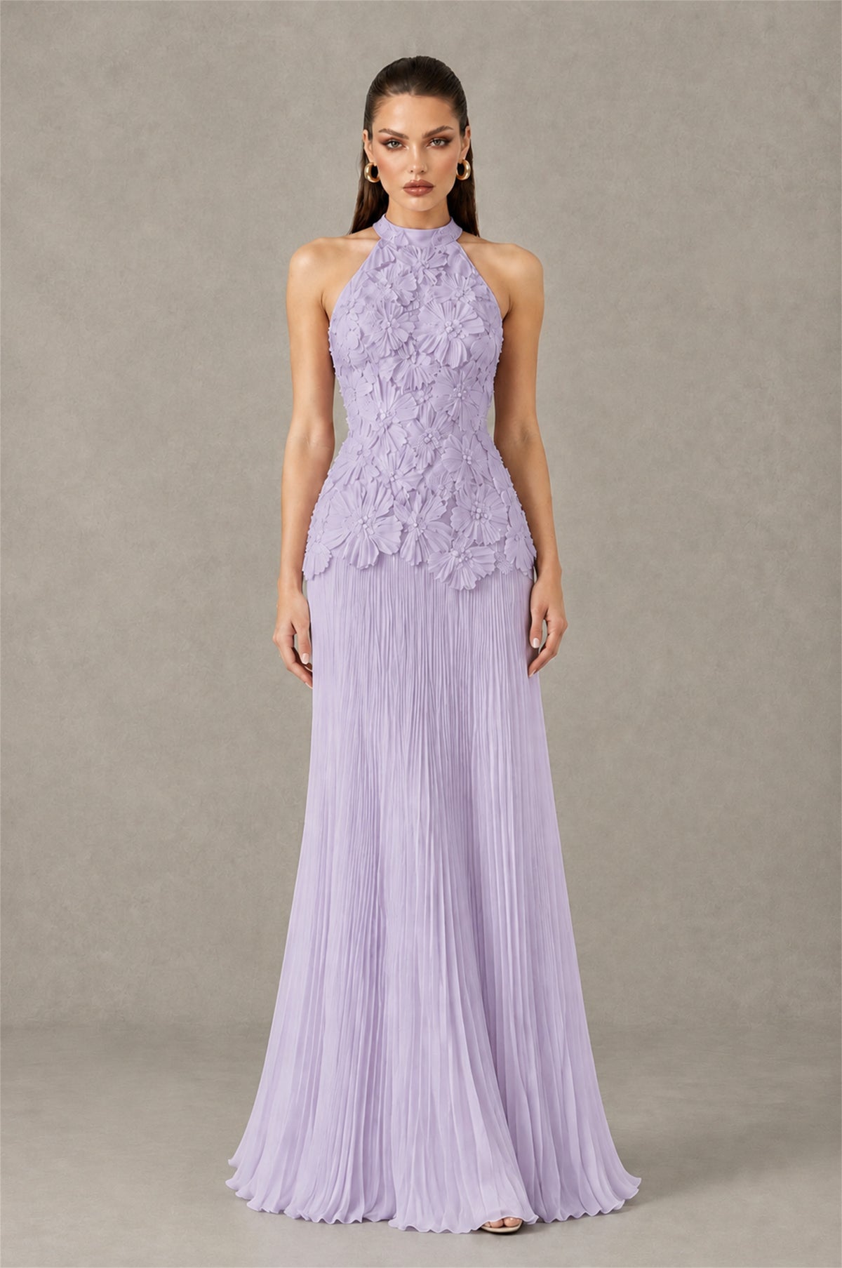 BOLODOO Lilac 3D Floral Applique Halter Neck Open Back Pleated Maxi Dress - Lilac