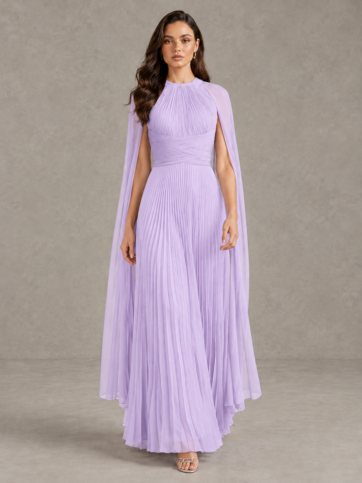 BOLODOO Lilac Pleated Cape Maxi Wedding Guest Dress - Lilac - Lilac (1)