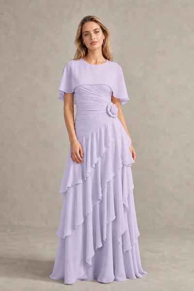 BOLODOO Lilac Chiffon Flutter Sleeve Tiered Maxi Dress with 3D Rosette - Lilac