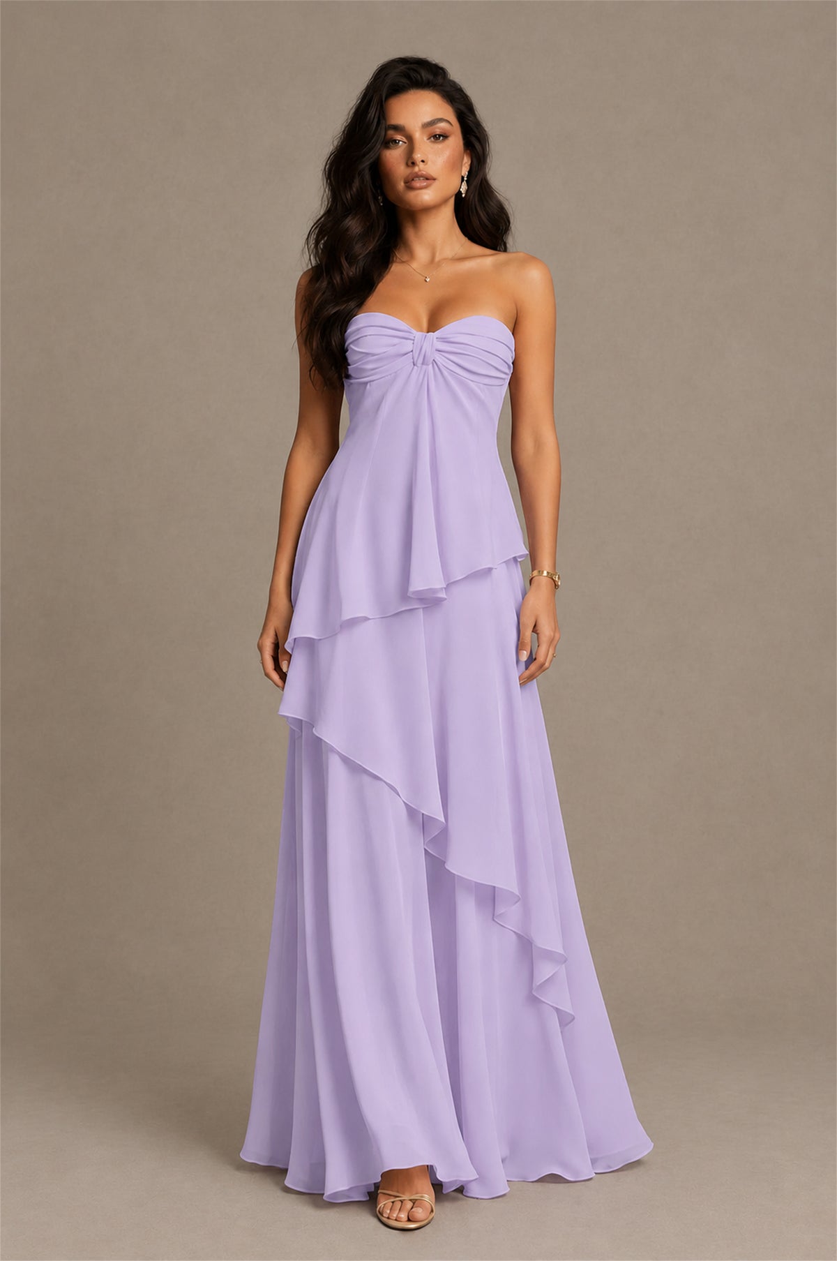 BOLODOO Lilac Strapless Sweetheart Knotted Chiffon Tiered Maxi Dress with Lace-Up Back - Lilac