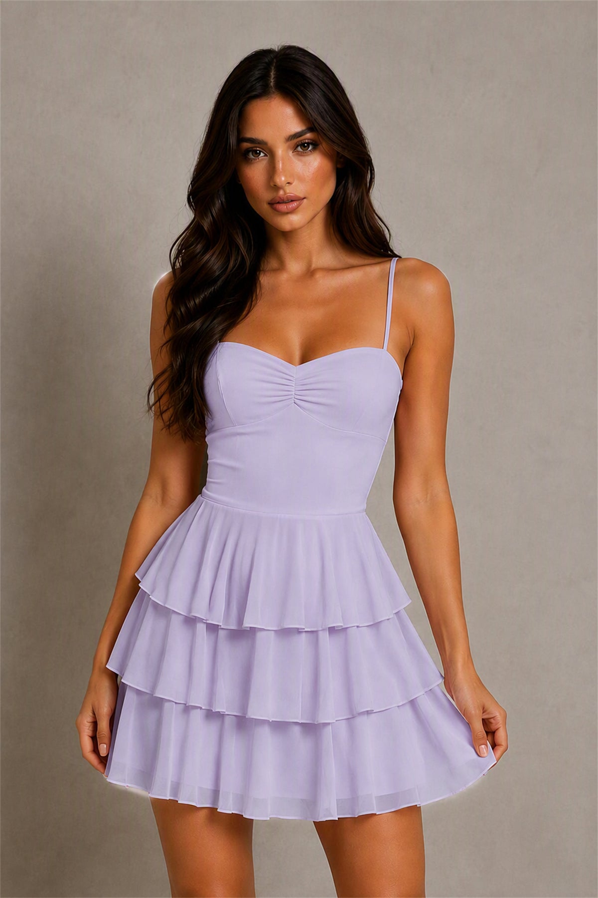 BOLODOO Lilac Chiffon Sweetheart Spaghetti Strap Lace-Up Open Back Tiered Ruffle Mini Dress | Cocktail Party Date Night Dress - Lilac