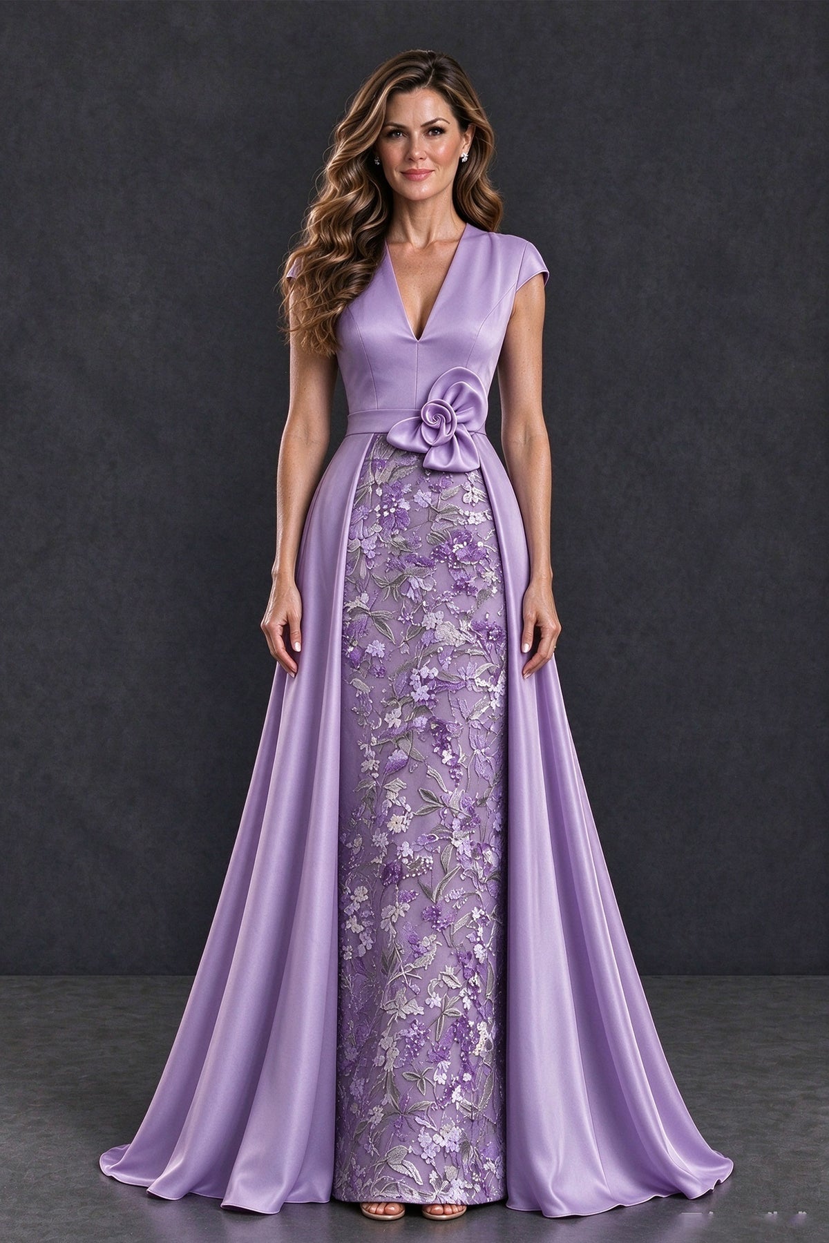 BOLODOO Lilac Satin and Lace V-Neck Mother of the Bride Dress - Lilac - Lilac (1)