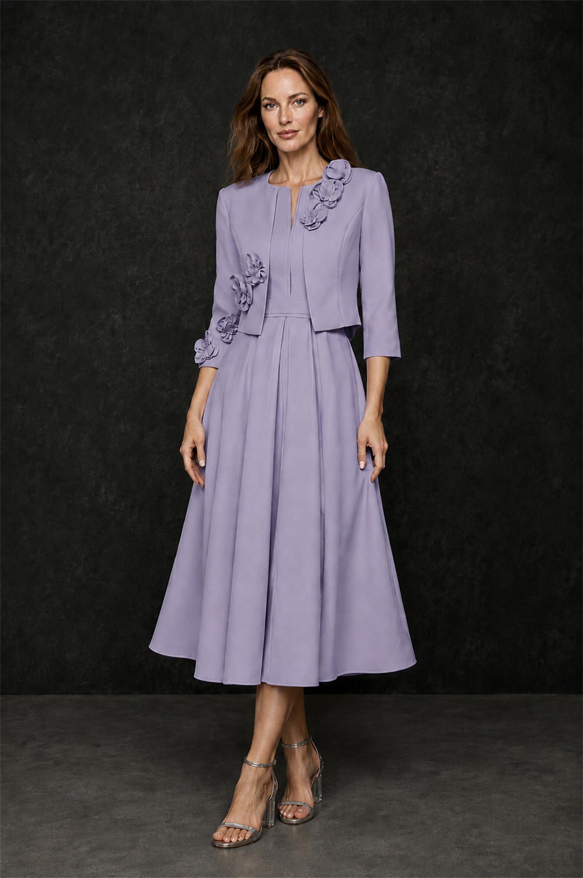 BOLODOO Lilac 3D Rosette Appliqué 3/4 Sleeve Jacket & V-Notch Sleeveless A-Line Tea-Length Two-Piece Dress Set - Lilac