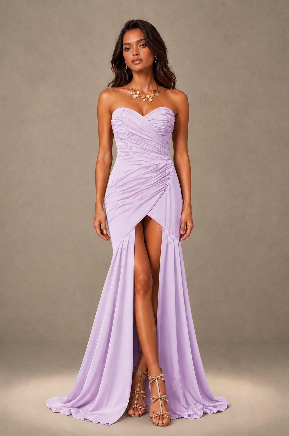 BOLODOO Lilac Brown Stretch Satin Sweetheart Strapless Ruched Open Back High Slit Mermaid Maxi Dress - Lilac