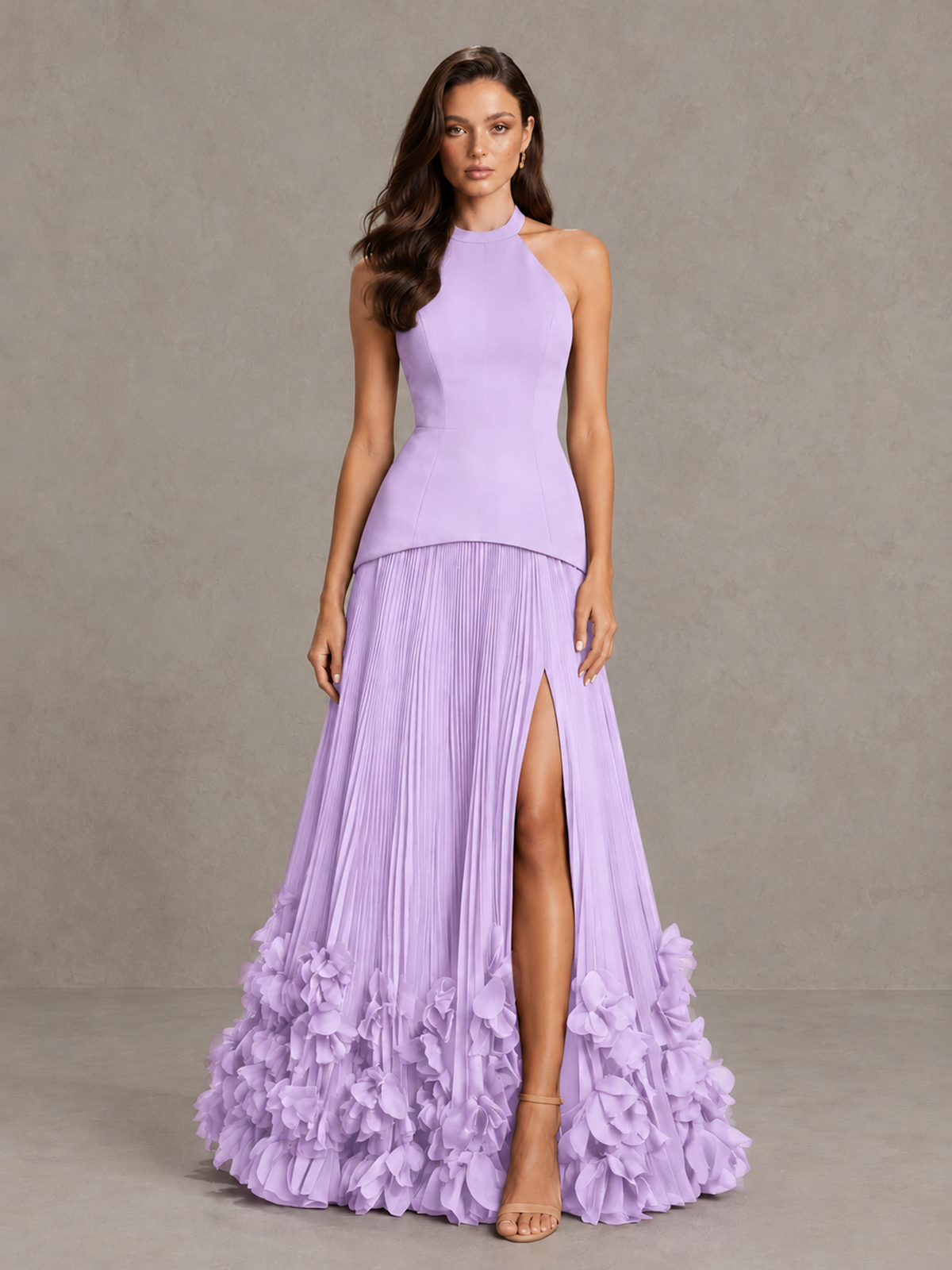 BOLODOO Lilac Halter Neck Floor-Length Evening Gown with High Slit & 3D Floral Hem - Lilac - Lilac (1)