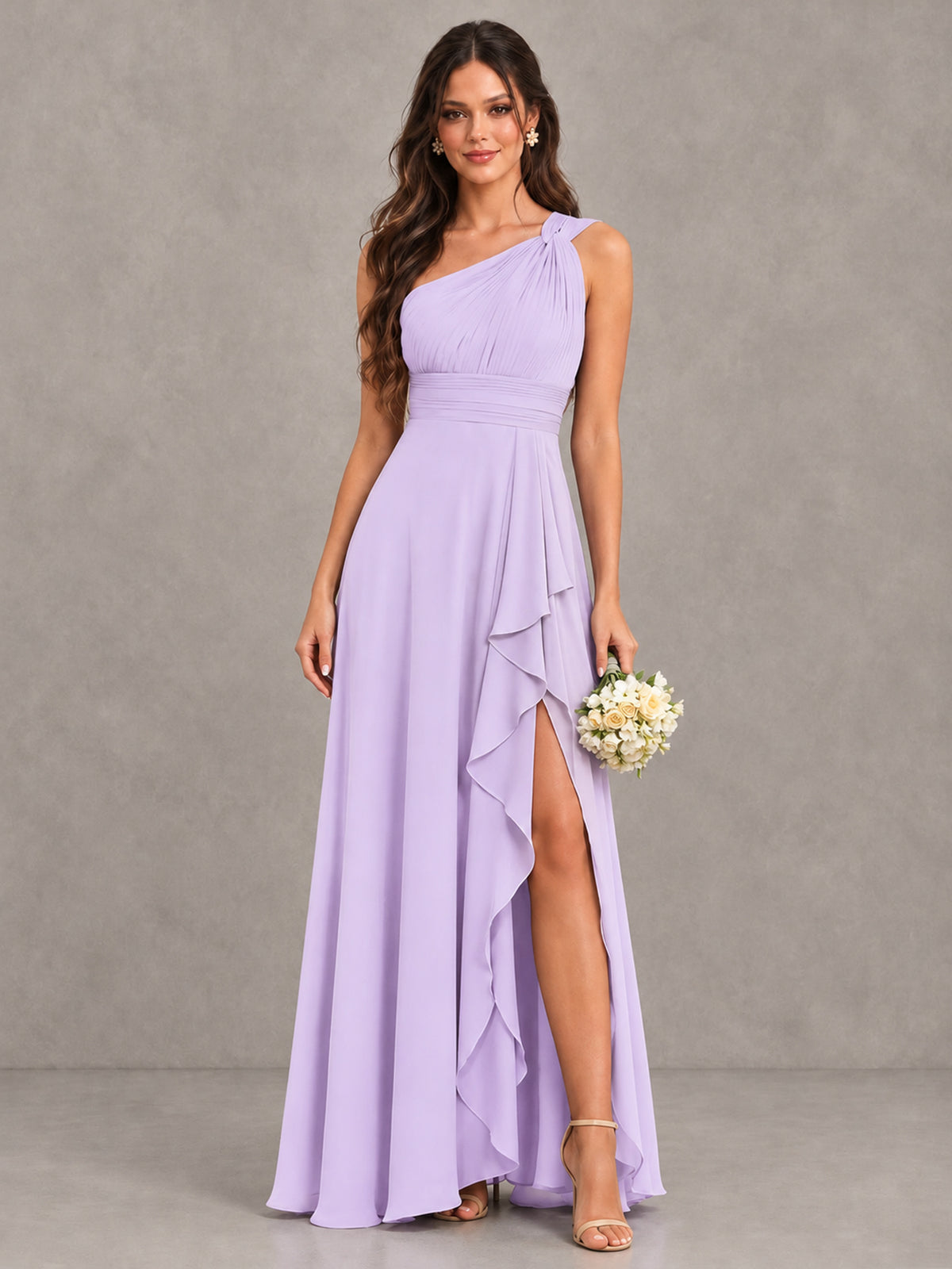 BOLODOO Lilac One-Shoulder Ruffle Bridesmaid Dress with Slit - Lilac - Lilac (1)