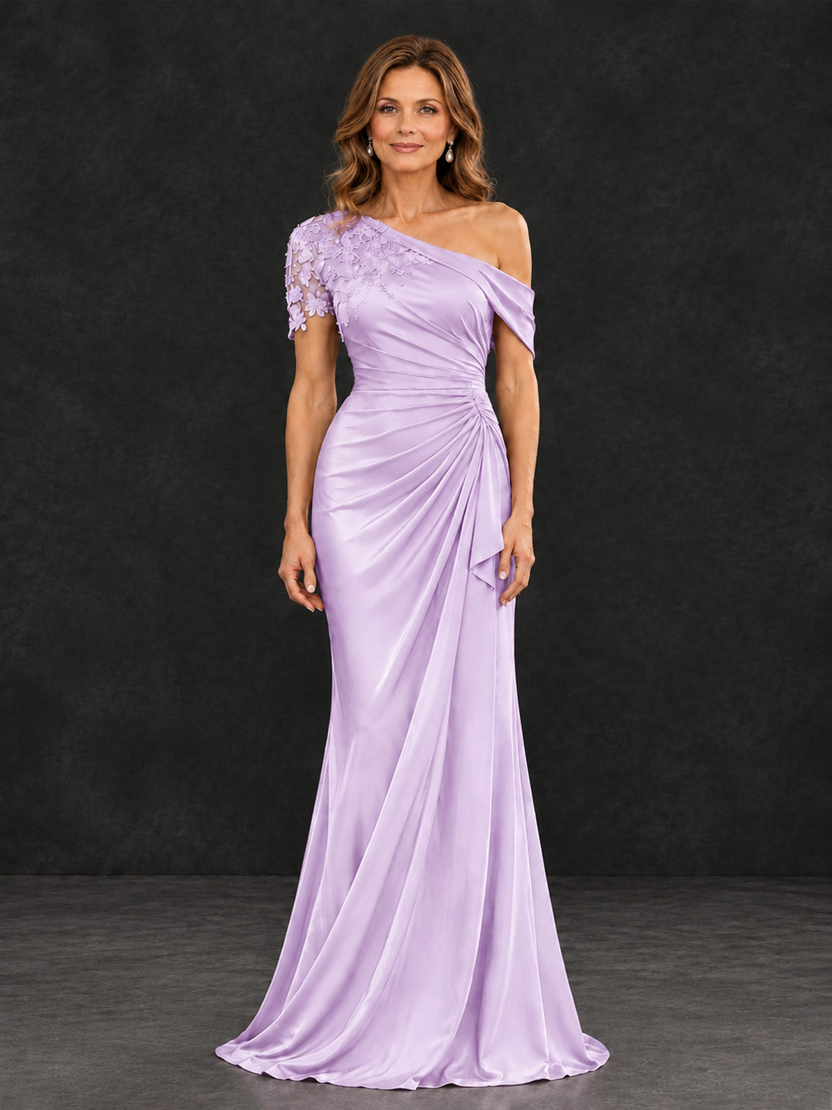 BOLODOO Lilac Asymmetric Satin Mother of the Bride Dress with Lace Sleeve - Lilac - Lilac (1)