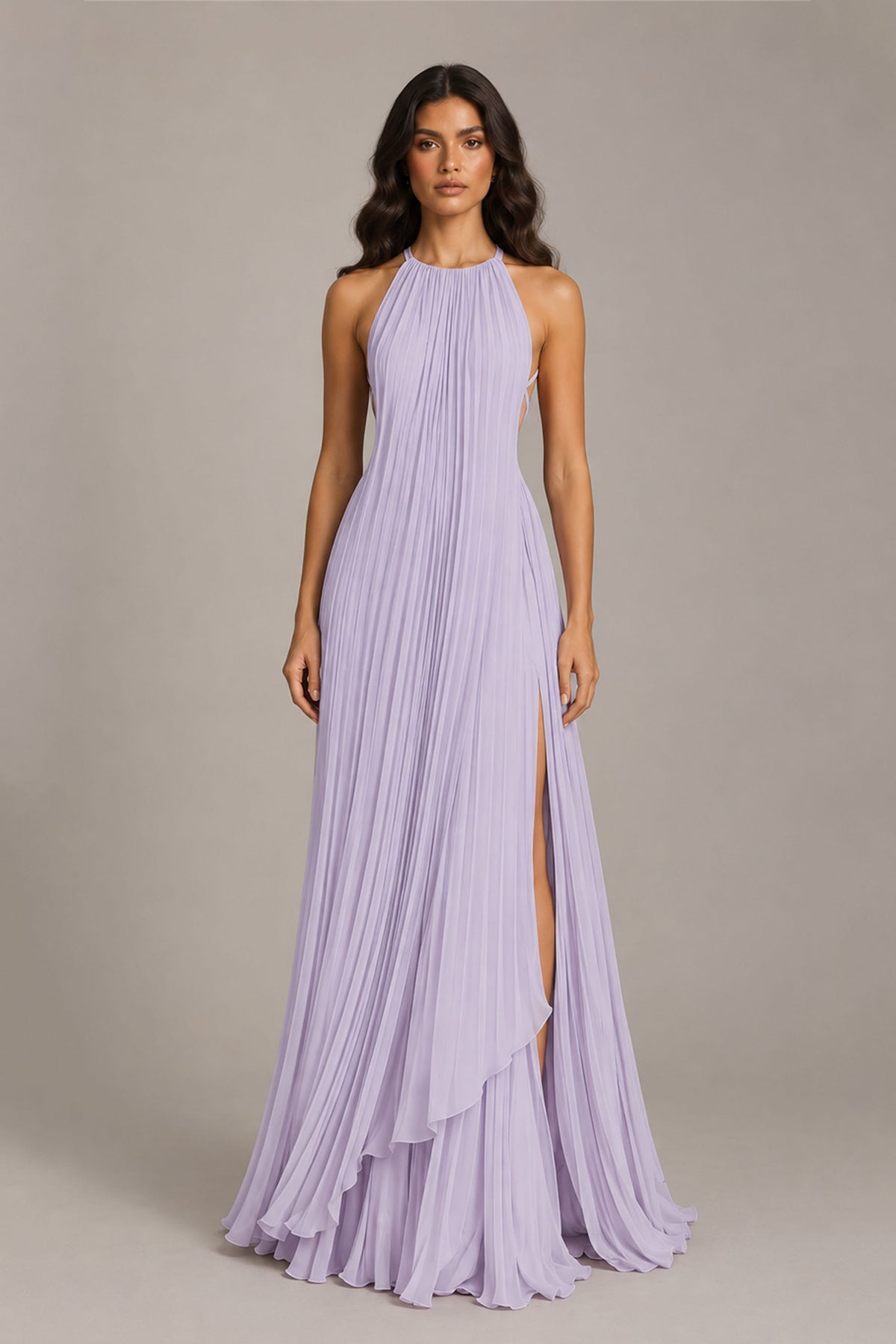 BOLODOO Lilac Halter Neck Pleated Chiffon Maxi Dress with Side Slit - Lilac
