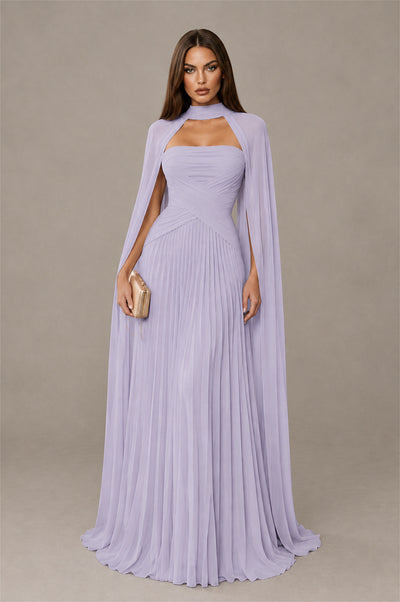 BOLODOO Lilac Strapless Crossover Ruched Bodice Detached Turtleneck Cape Lace-Up Back Pleated Chiffon Maxi Dress - Lilac