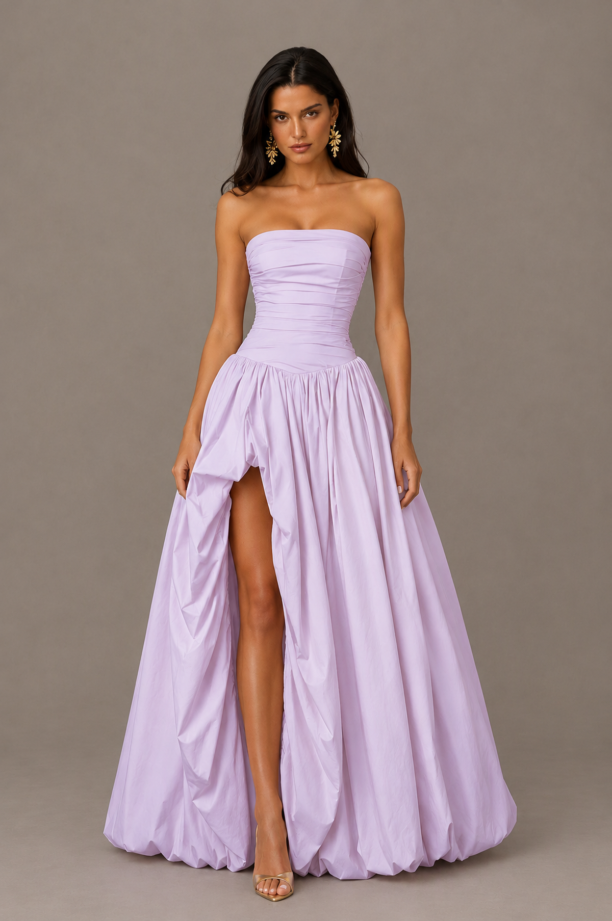 BOLODOO Lilac Strapless Ruched Corset Lace-Up Back Bubble Skirt High Slit Taffeta Maxi Dress - Lilac