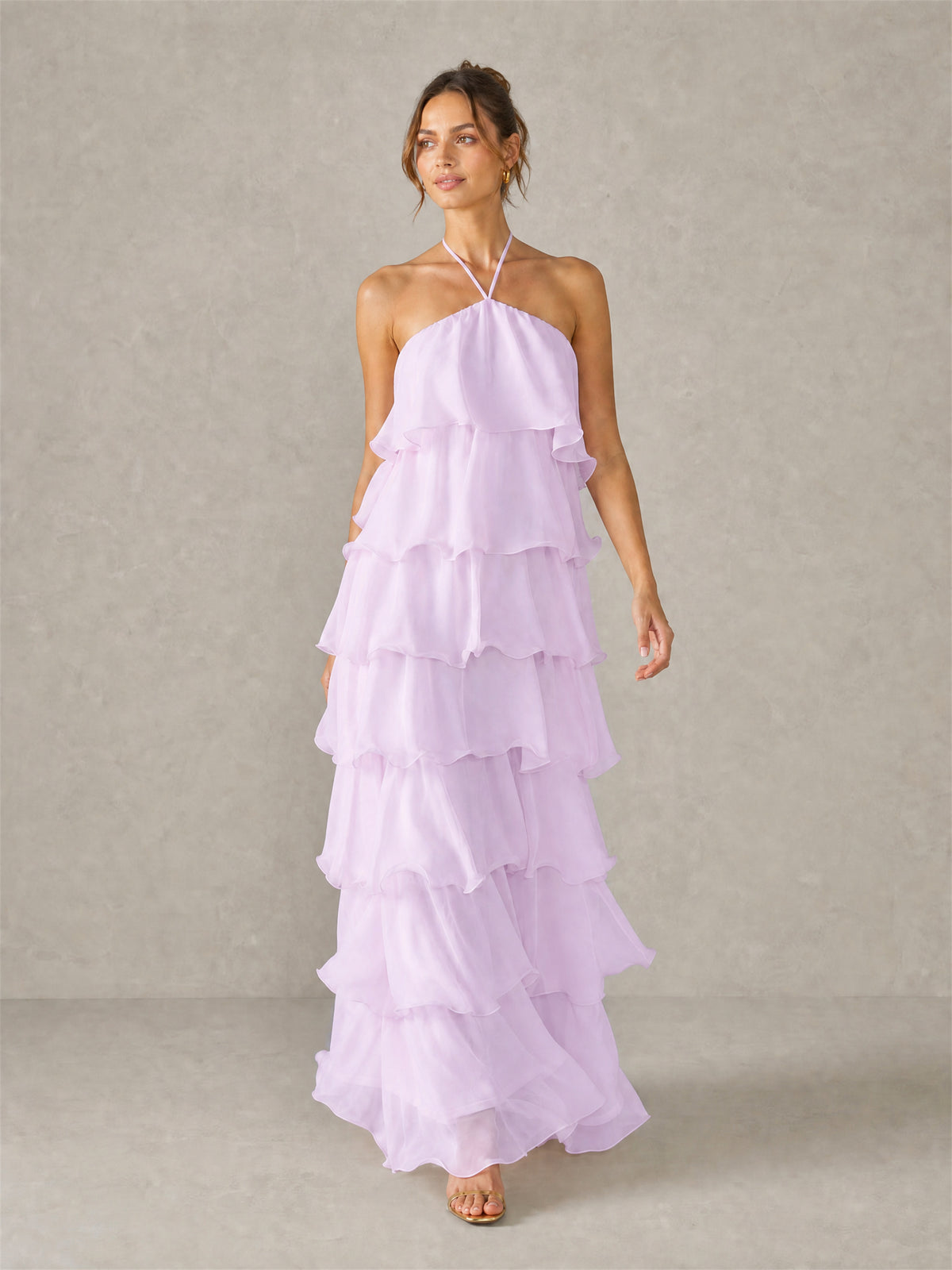 BOLODOO Lilac Halter Tiered Ruffle Chiffon Maxi Dress - Lilac