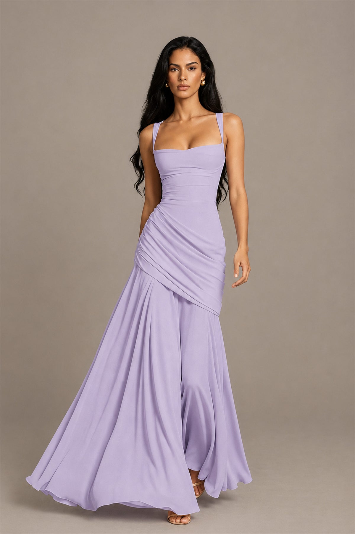 BOLODOO Square Neck Ruched A-Line Maxi Dress - Lilac Backless Evening Gown - Lilac