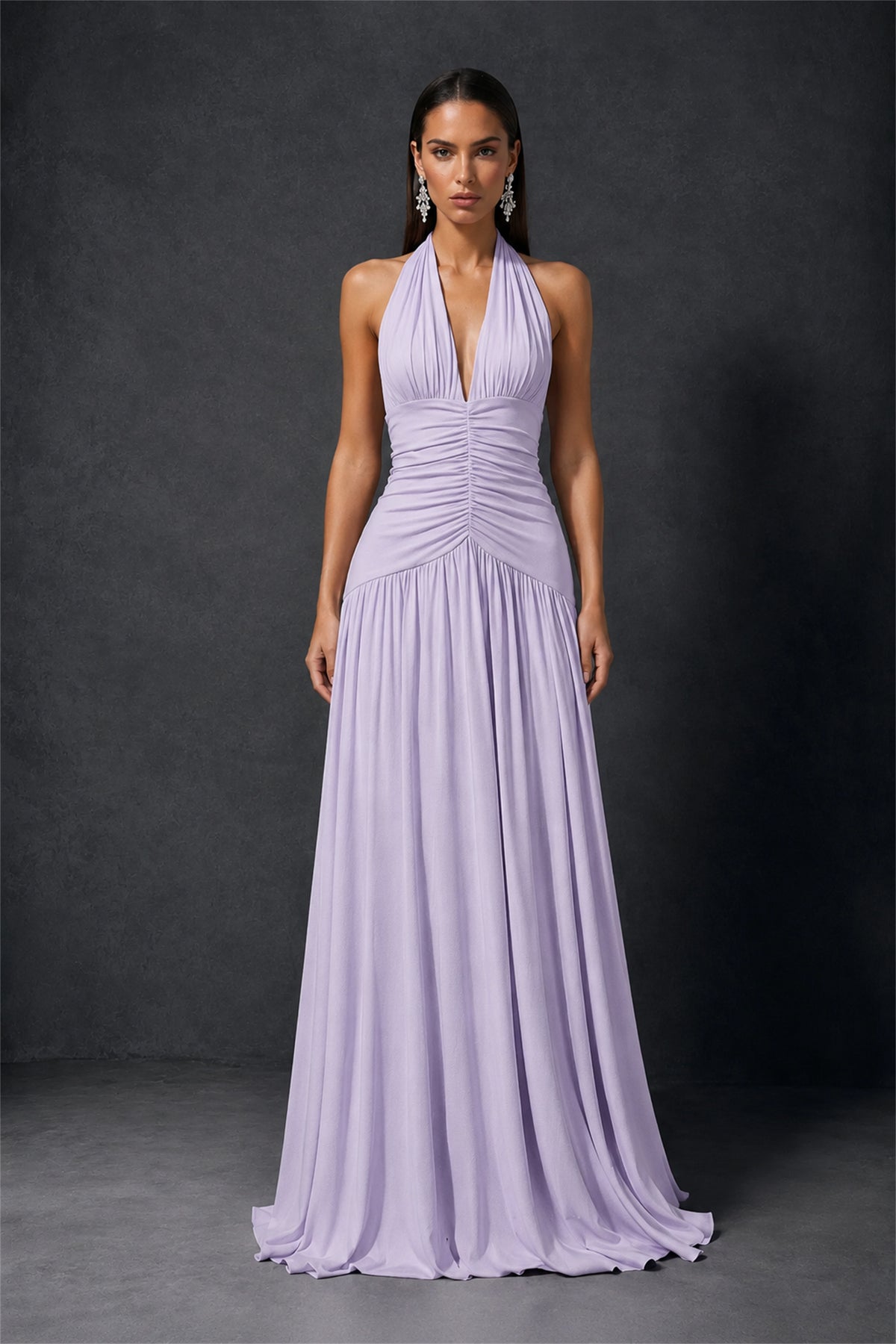 BOLODOO Lilac Halter Deep V-Neck Ruched Chiffon Open Back Maxi Dress with Draped Neck Tie - Lilac