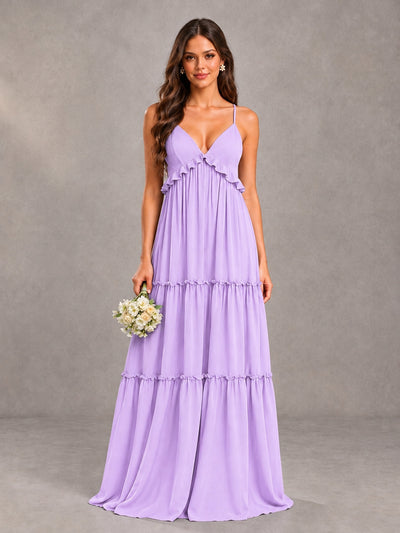 BOLODOO Lilac Tiered V-Neck Lace-Up Back Bridesmaid Dress - Lilac - Lilac (1)