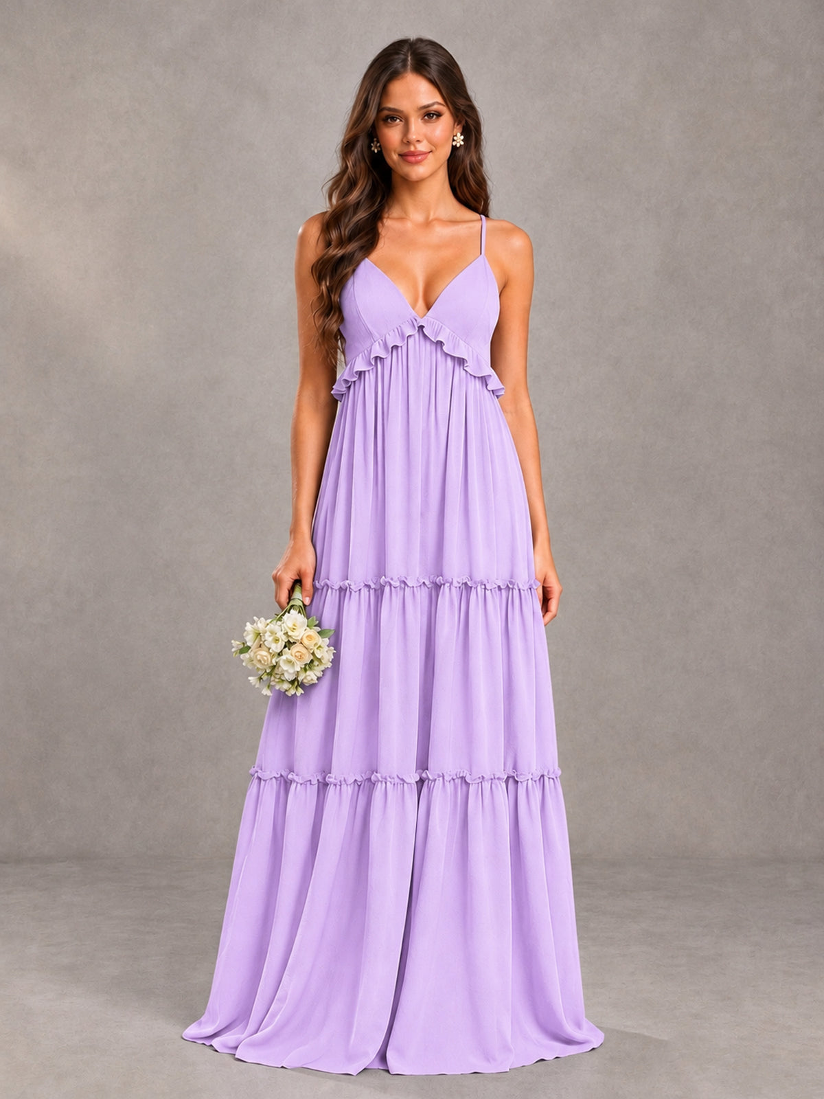 BOLODOO Lilac Tiered V-Neck Lace-Up Back Bridesmaid Dress - Lilac - Lilac (1)