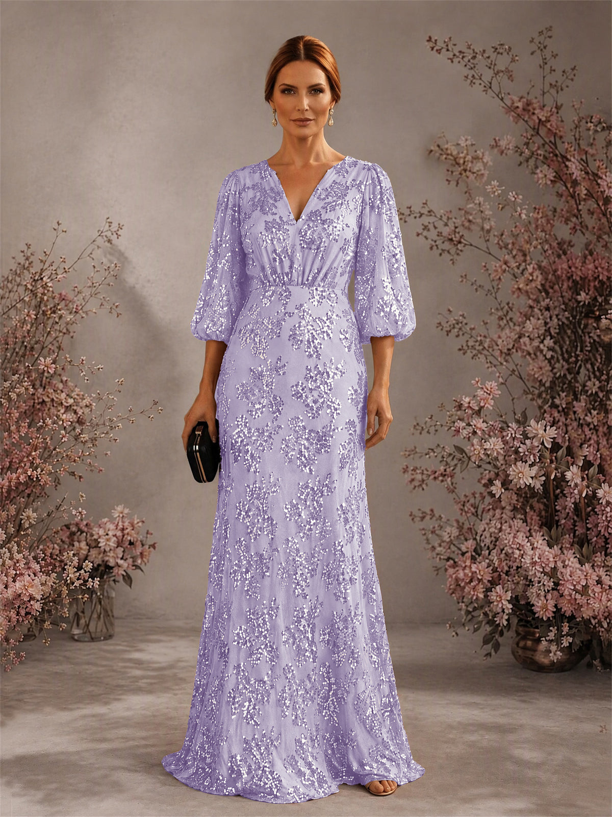 BOLODOO Lilac V-Neck Lantern Sleeve All-Over Sequin Floral Embroidered Mermaid Gown - Lilac