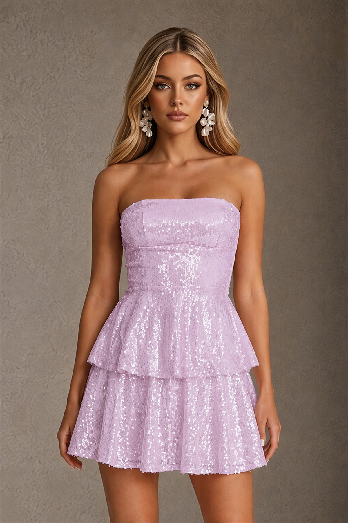 BOLODOO Lilac Iridescent Sequin Strapless Open Back Bow Tiered Mini Dress | Aurora Sequin Ruffle Party Dress - Lilac