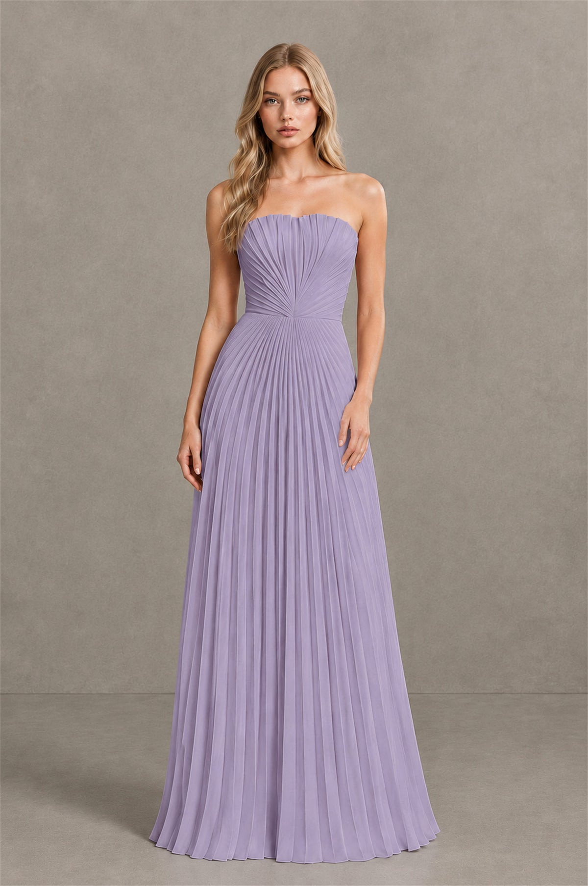 BOLODOO Lilac Strapless Sunburst Pleated Twisted Knot Lace-Up Back Accordion Pleated Chiffon Maxi Dress - Lilac