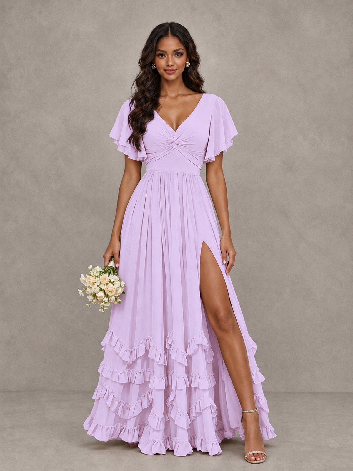 BOLODOO Lilac V-Neck Flutter Sleeve Ruffle Bridesmaid Dress with Slit - Lilac - Lilac (1)