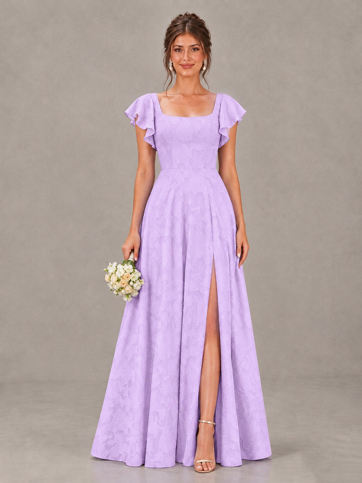 BOLODOO Lilac Floral Flutter Sleeve Bridesmaid Dress with Slit - Lilac - Lilac (1)