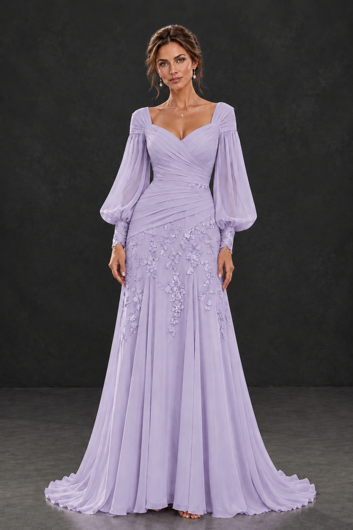 BOLODOO Lilac Long Sleeve Mother of the Bride Dress with Floral Appliqués - Lilac - Lilac (1)