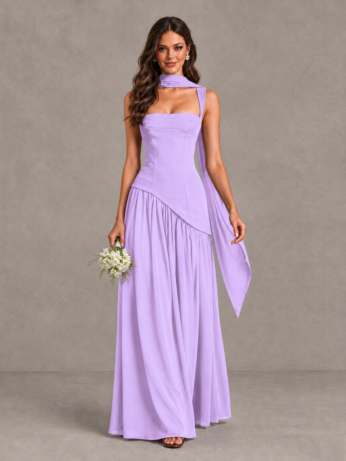 BOLODOO Lilac Brown Scarf Bridesmaid Dress with Lace-Up Back - Lilac - Lilac (1)
