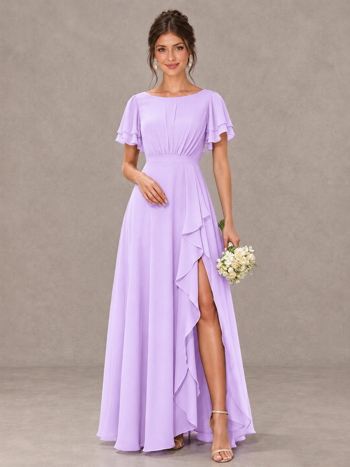BOLODOO Lilac Flutter Sleeve Ruffle Bridesmaid Dress with Slit - Lilac - Lilac (1)