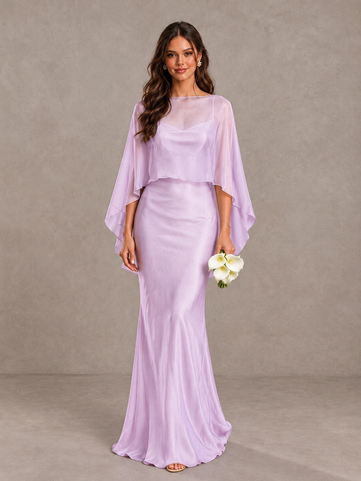 BOLODOO Lilac Satin Mermaid Bridesmaid Dress with Chiffon Cape - Lilac - Lilac (1)