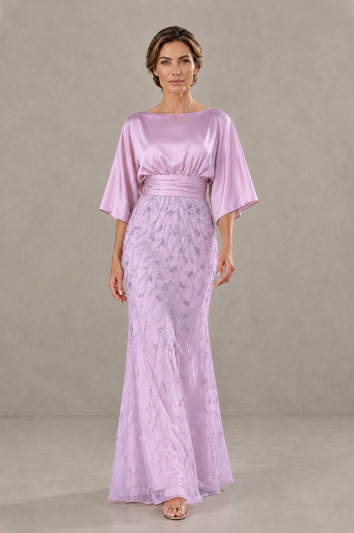 BOLODOO Lilac Mother of the Bride Dress with Kimono Sleeves, Satin Bodice & Sequin Embroidered Mermaid Floor-Length Gown - Lilac - Lilac (1)