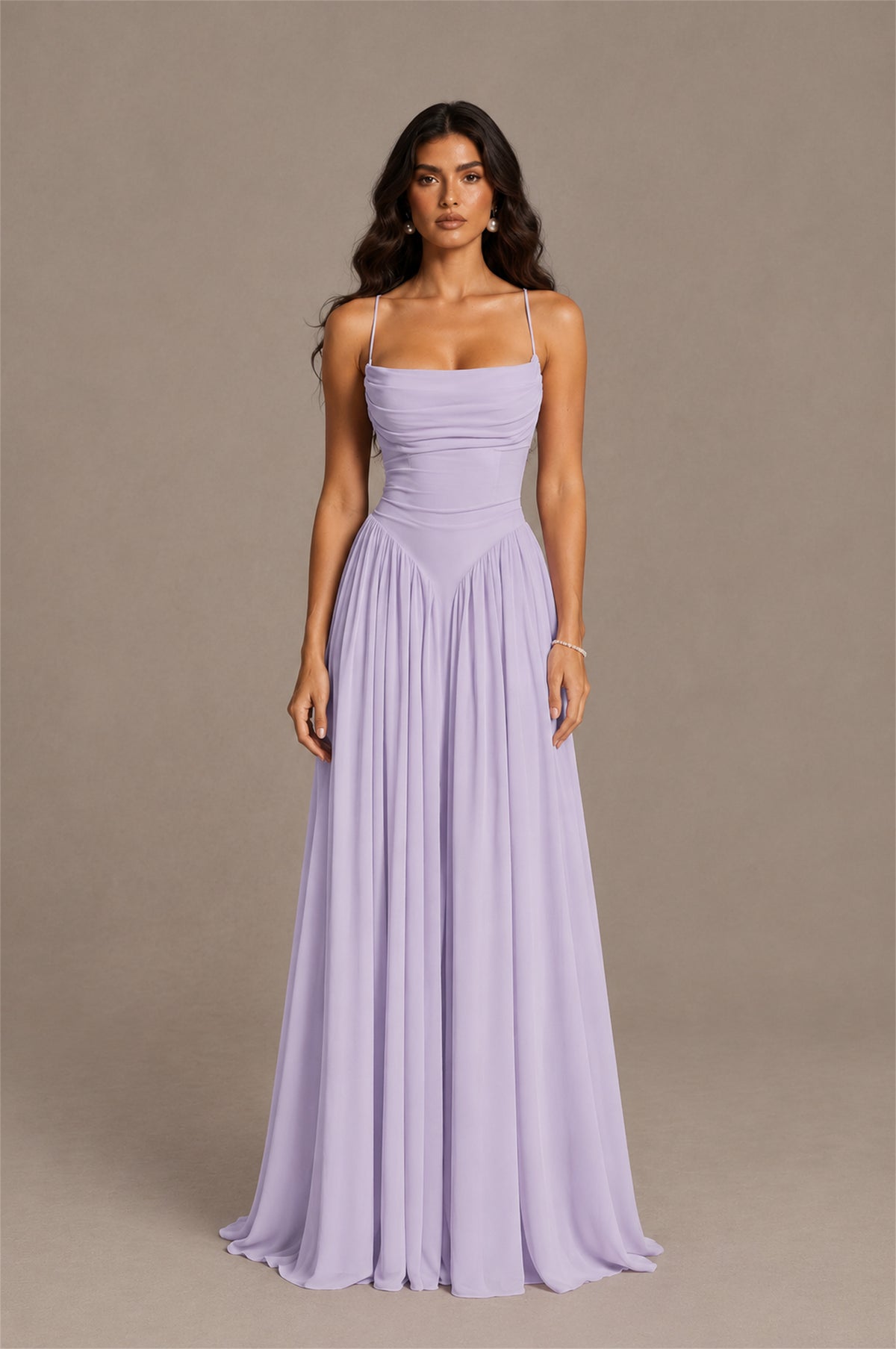 BOLODOO Lilac Spaghetti Strap Square Neck Ruched Chiffon Maxi Dress with Lace-Up Back - Lilac