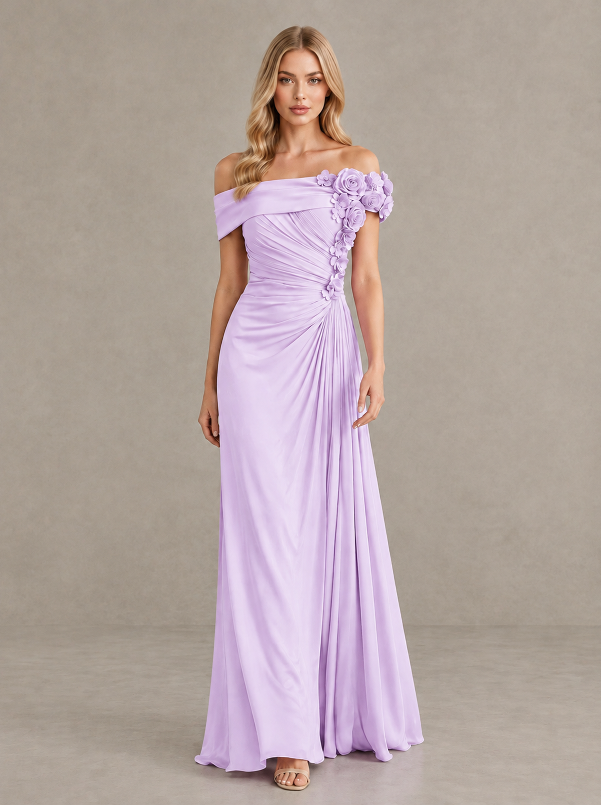 BOLODOO Lilac Off-Shoulder Floral Applique Wedding Guest Maxi Dress - Lilac - Lilac (1)